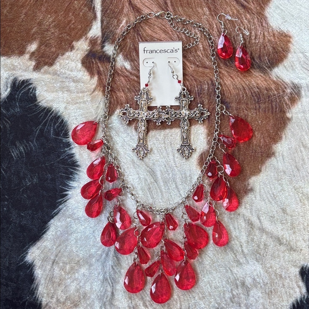 Francesca's Silver Tone Large Cross Crucifix Earrings Red Teardrop Necklace Set